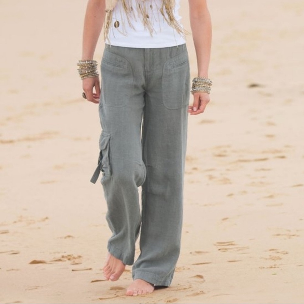 Soft Surroundings Gray Wide-Leg Linen Cargo Pants